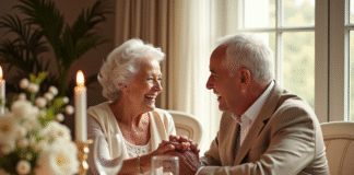 Couple agee souriant lors d un diner d anniversaire