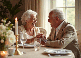 Couple agee souriant lors d un diner d anniversaire