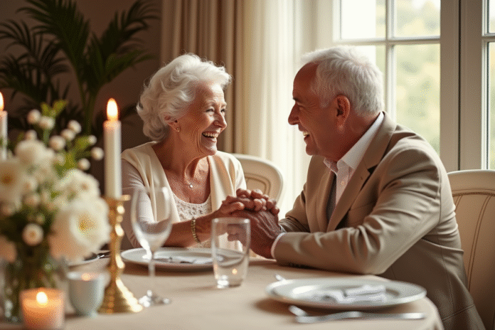 Couple agee souriant lors d un diner d anniversaire