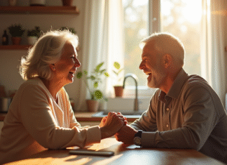 Comment rester amoureux après 11 ans de mariage ? Couple d'âge moyen riant à la cuisine lumineuse