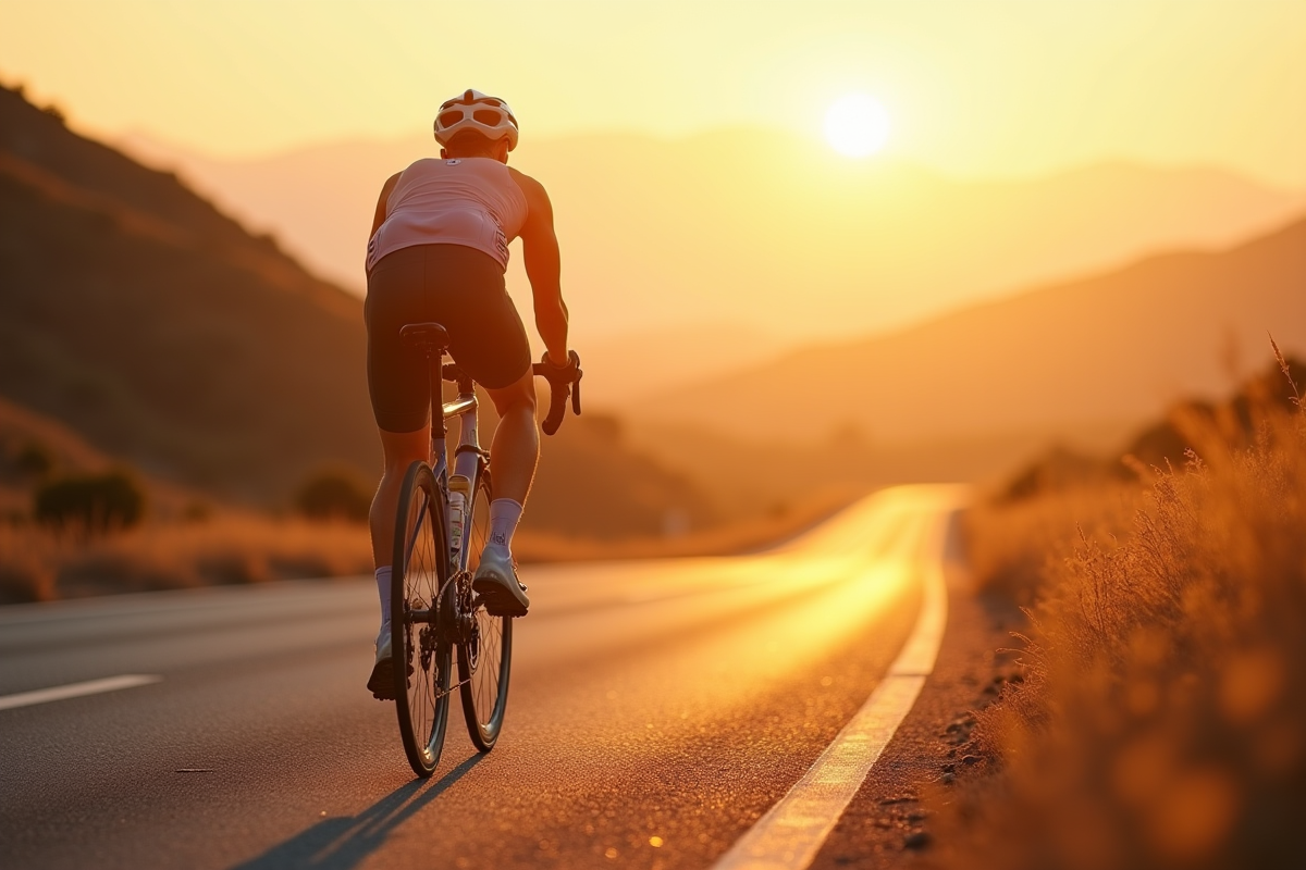 Cycliste roulant sur route asphaltée au lever du soleil