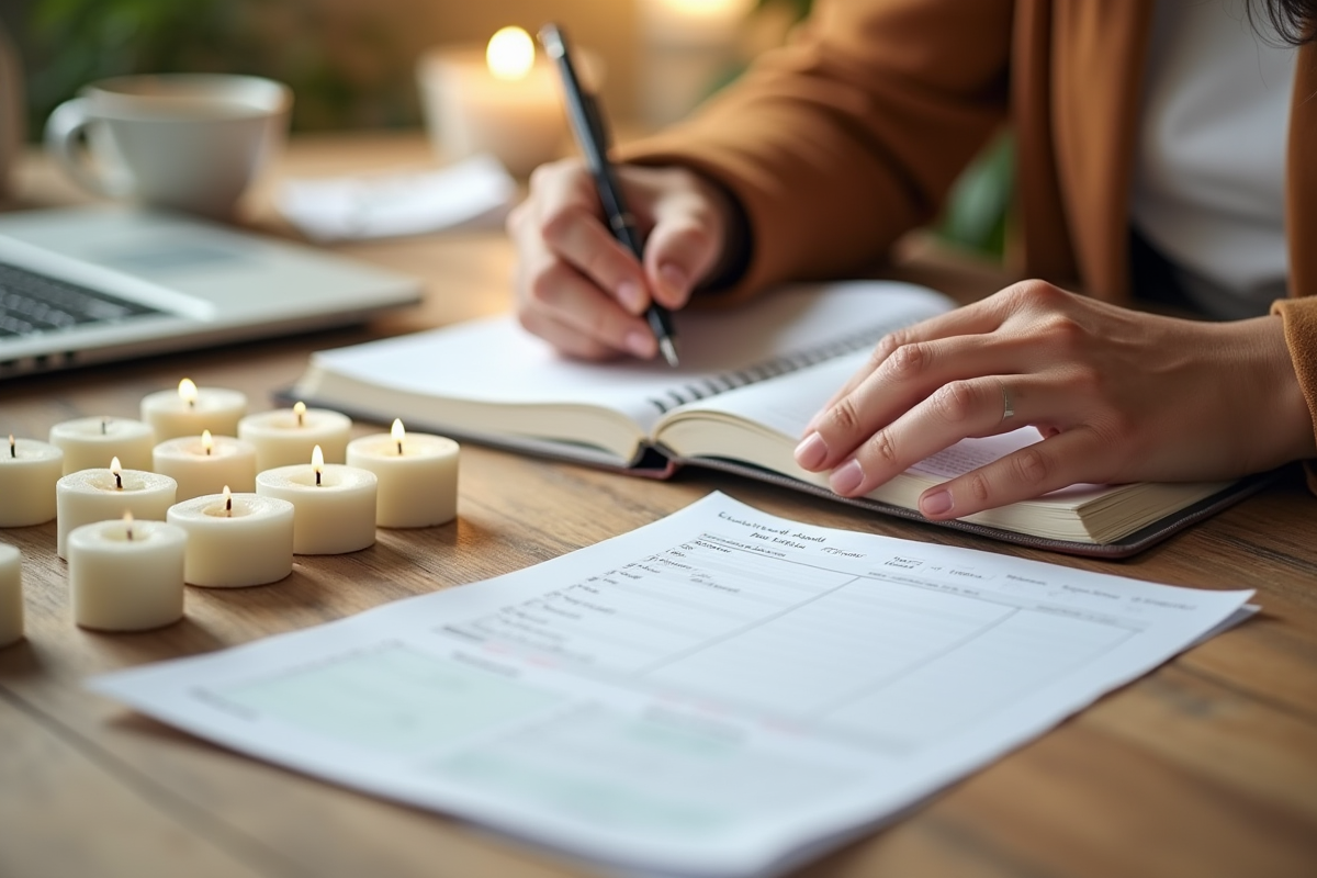Mains écrivant dans un planner avec bougies et café