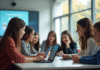 Groupe d'élèves au lycée utilisant des tablettes en classe lumineuse