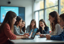 Groupe d'élèves au lycée utilisant des tablettes en classe lumineuse