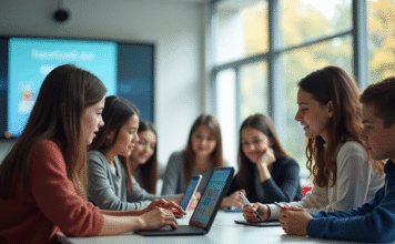 Les avantages des édulines pour l’éducation moderne Groupe d'élèves au lycée utilisant des tablettes en classe lumineuse
