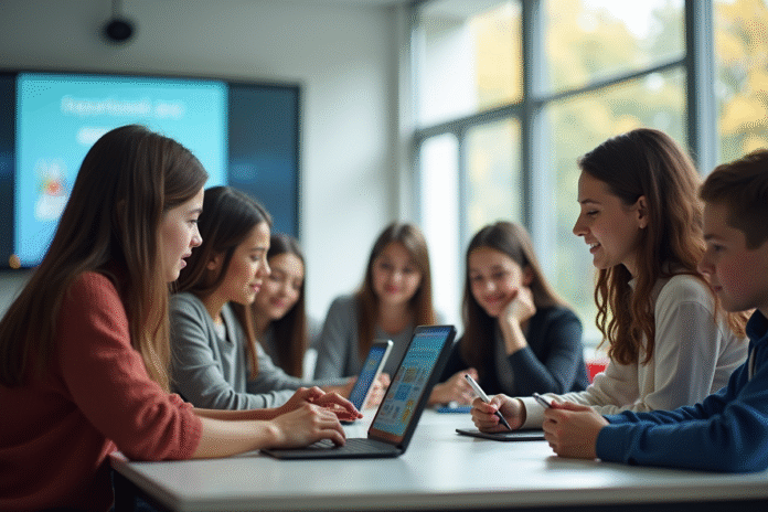 Groupe d'élèves au lycée utilisant des tablettes en classe lumineuse