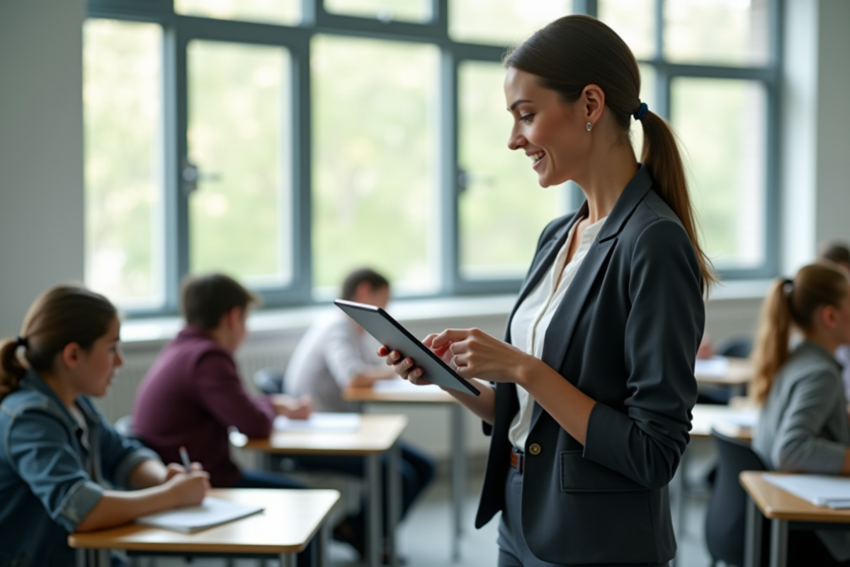 Enseignant utilisant une tablette dans une classe lumineuse