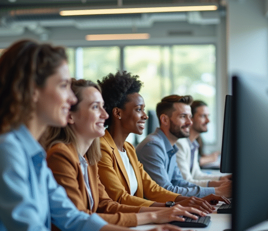 Équipe de professionnels collaborant dans un bureau moderne