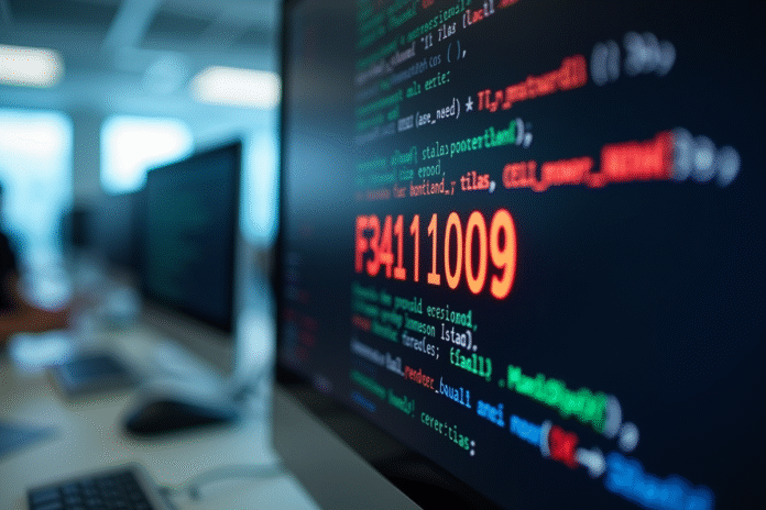 Écran d'ordinateur affichant le code erreur F34111009 dans un bureau moderne