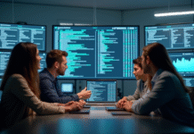 Groupe divers collaborant autour d un moniteur d accès digital