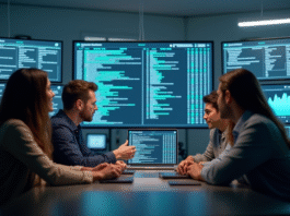 Groupe divers collaborant autour d un moniteur d accès digital