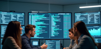 Groupe divers collaborant autour d un moniteur d accès digital