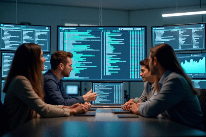 Groupe divers collaborant autour d un moniteur d accès digital