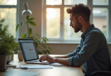 Espace de travail moderne avec ordinateur et lumière naturelle
