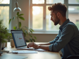 Espace de travail moderne avec ordinateur et lumière naturelle