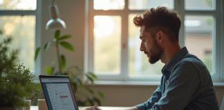 Espace de travail moderne avec ordinateur et lumière naturelle