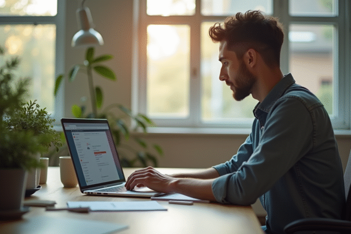 Espace de travail moderne avec ordinateur et lumière naturelle