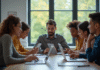 Groupe d'étudiants universitaires utilisant des ordinateurs pour étudier