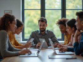 MySchool de l’ESCP : inscriptions, emplois du temps, ressources — maîtriser l’intranet étudiant Groupe d'étudiants universitaires utilisant des ordinateurs pour étudier