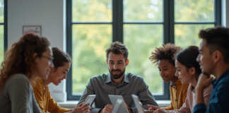 Groupe d'étudiants universitaires utilisant des ordinateurs pour étudier
