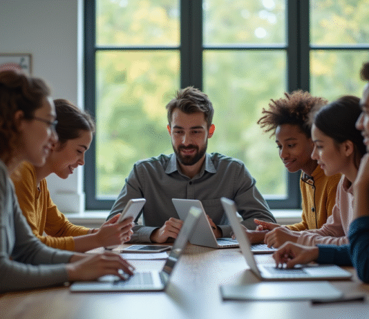 Groupe d'étudiants universitaires utilisant des ordinateurs pour étudier