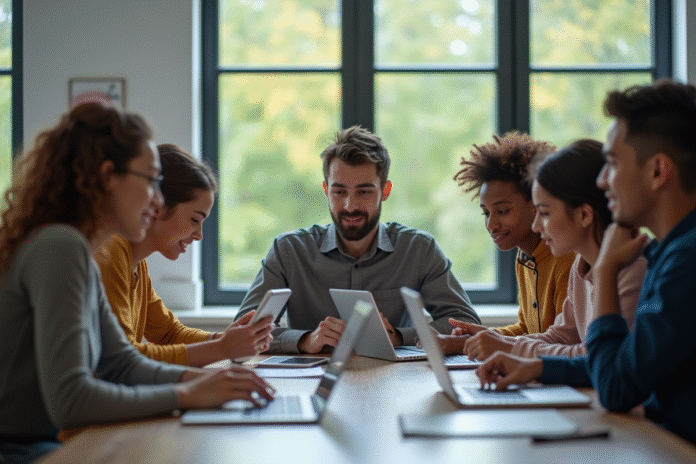 Groupe d'étudiants universitaires utilisant des ordinateurs pour étudier