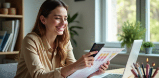 Femme d'affaires souriante dans un bureau lumineux et moderne