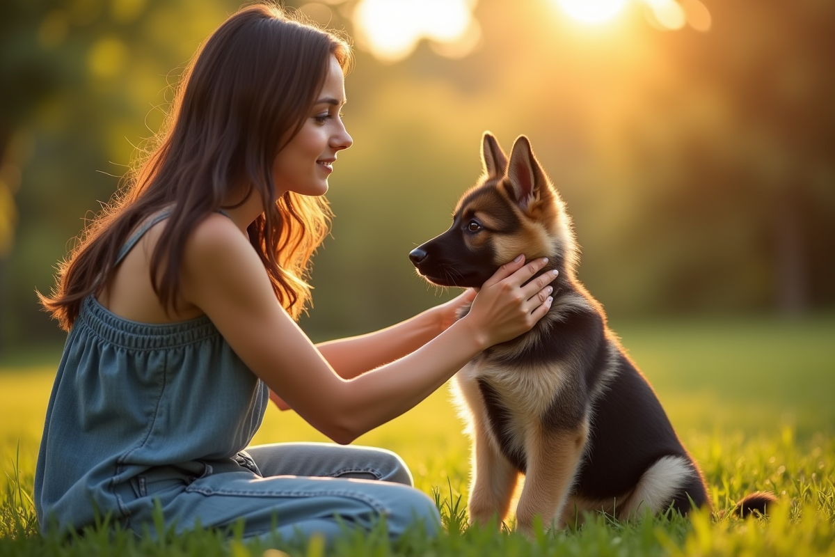 Jeune femme brossant un chiot berger allemand dans un jardin ensoleille