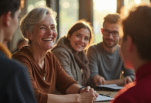 Femme française souriante lors d'une activité caritative