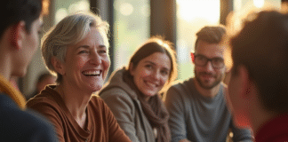 Femme française souriante lors d'une activité caritative