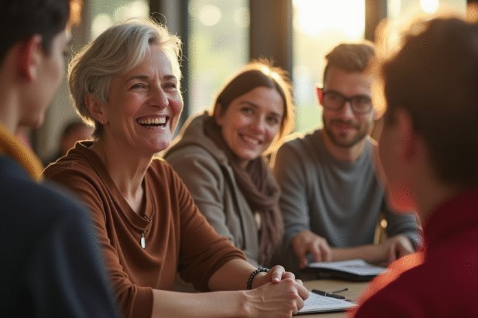 Femme française souriante lors d'une activité caritative