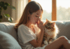 Jeune femme assise sur un canapé ensoleille, caressant un chat fluffy