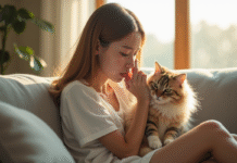 Jeune femme assise sur un canapé ensoleille, caressant un chat fluffy
