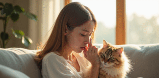 Jeune femme assise sur un canapé ensoleille, caressant un chat fluffy