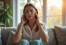 Jeune femme souffrant de migraine dans un salon lumineux