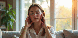 Jeune femme souffrant de migraine dans un salon lumineux