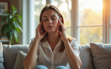 Jeune femme souffrant de migraine dans un salon lumineux