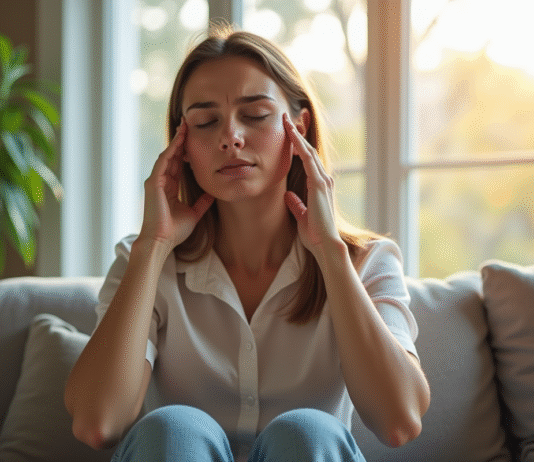 Jeune femme souffrant de migraine dans un salon lumineux