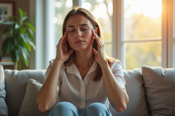 Jeune femme souffrant de migraine dans un salon lumineux