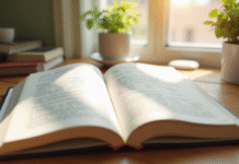 Livre de grammaire française ouvert sur un bureau lumineux