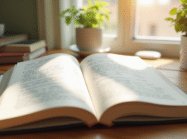 Livre de grammaire française ouvert sur un bureau lumineux