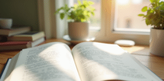 Livre de grammaire française ouvert sur un bureau lumineux