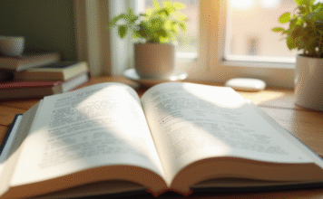 Je pourrai ou je pourrais : comment choisir la bonne orthographe Livre de grammaire française ouvert sur un bureau lumineux