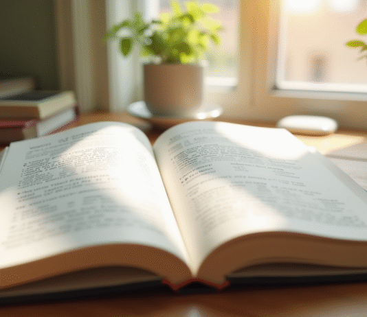 Livre de grammaire française ouvert sur un bureau lumineux