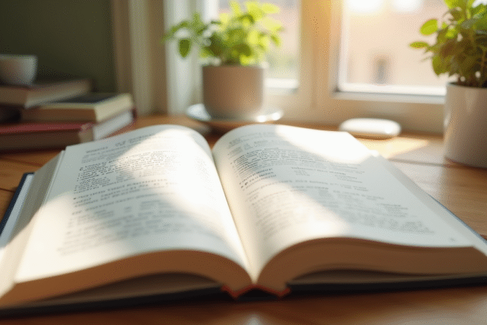 Livre de grammaire française ouvert sur un bureau lumineux