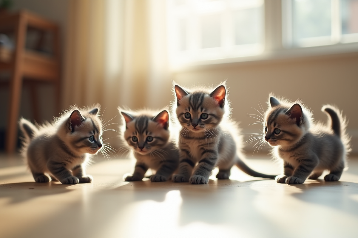 Groupe de chatons gris jouant sur le sol en bois