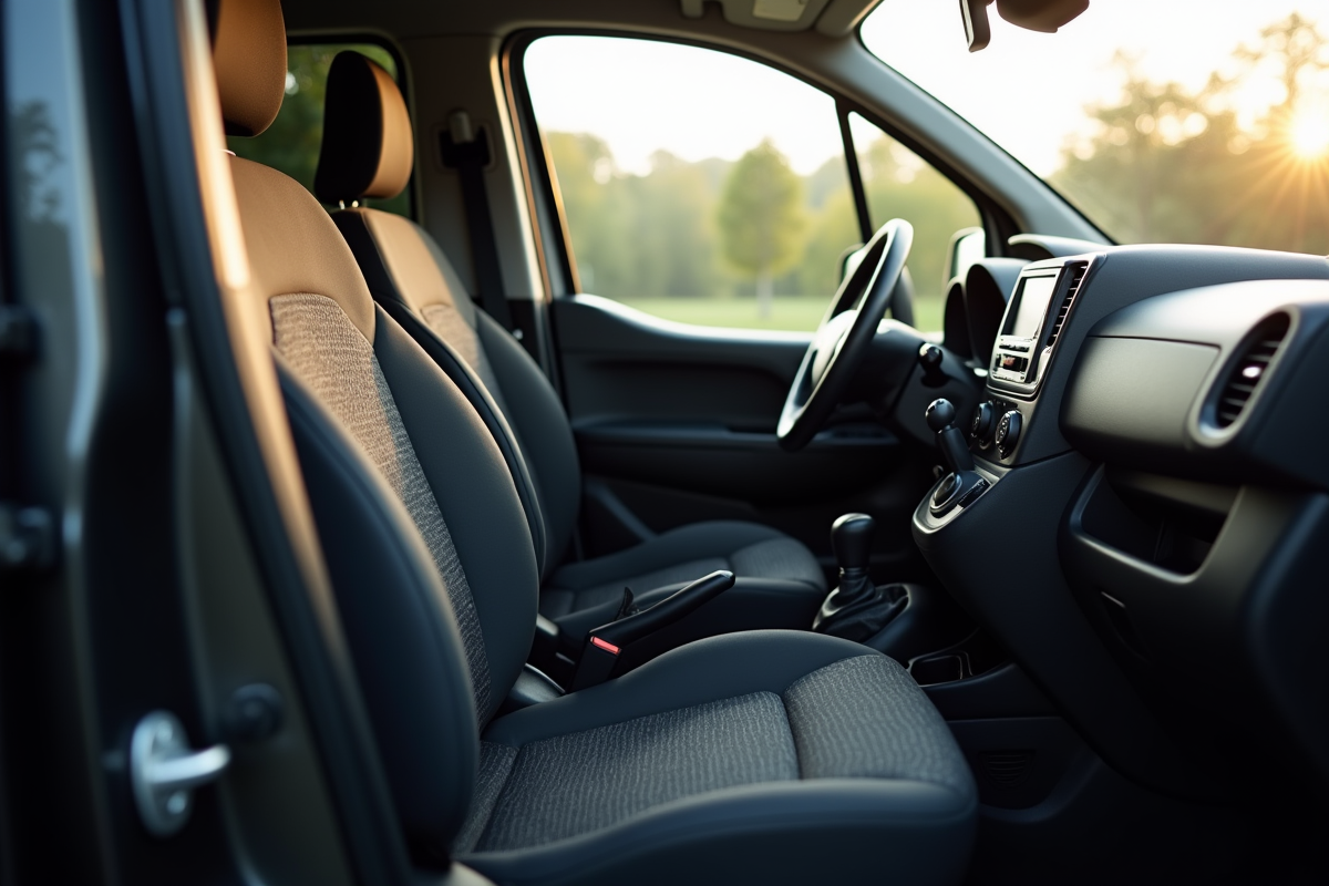 Intérieur propre du Peugeot Partner avec tableau de bord et sièges bien entretenus