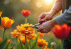 Jardinier taillant des fleurs T en plein soleil