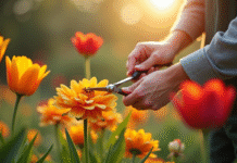 Jardinier taillant des fleurs T en plein soleil