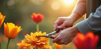 Jardinier taillant des fleurs T en plein soleil